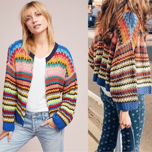 HP🎉🌈RARE Anthropologie Moth Rainbow Crochet Knit Cardigan - Picture 3 of 7